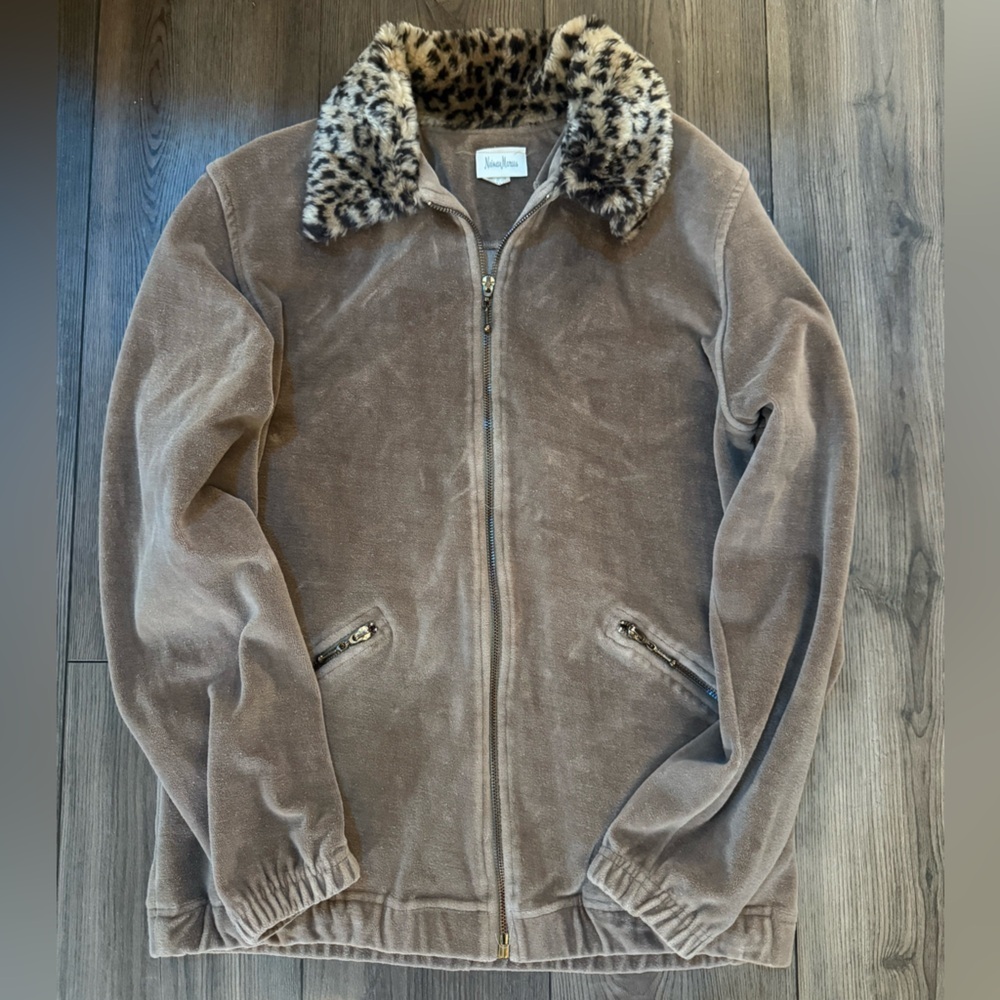Neiman Marcus Faux Fur Collar Velour Jacket Brown Zip Up Small Vintage USA Made